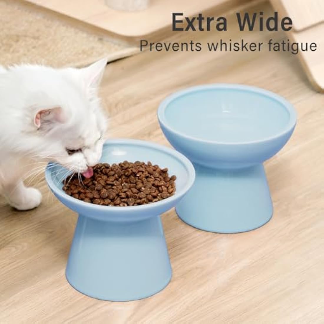 CEEFU 2 Extra Wide Elevated Cat Food Bowl, Ceramic Cat Bowls for Food and Water, Wide Shallow Cat Food Dish, Whisker Fatigue, Lead & Cadmium Free, Great Height for Cat, Blue