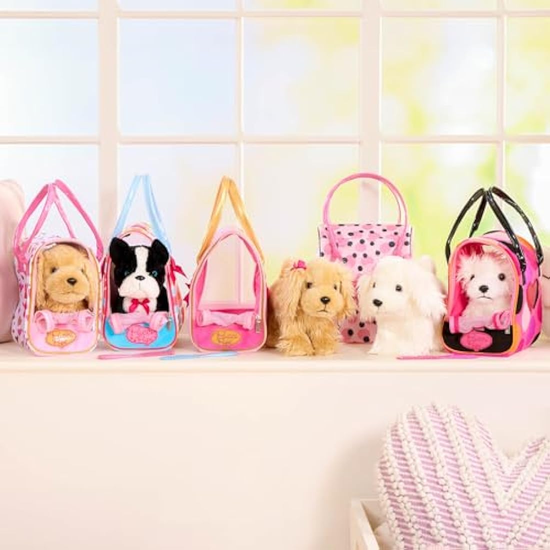 Pucci Pups – Plush Puppy – Dog Carrier – Toy Cocker Spaniel – Pink & Golden Heart Print Bag & Cocker Spaniel and Comb– Stuffed Animal – 3+ Years