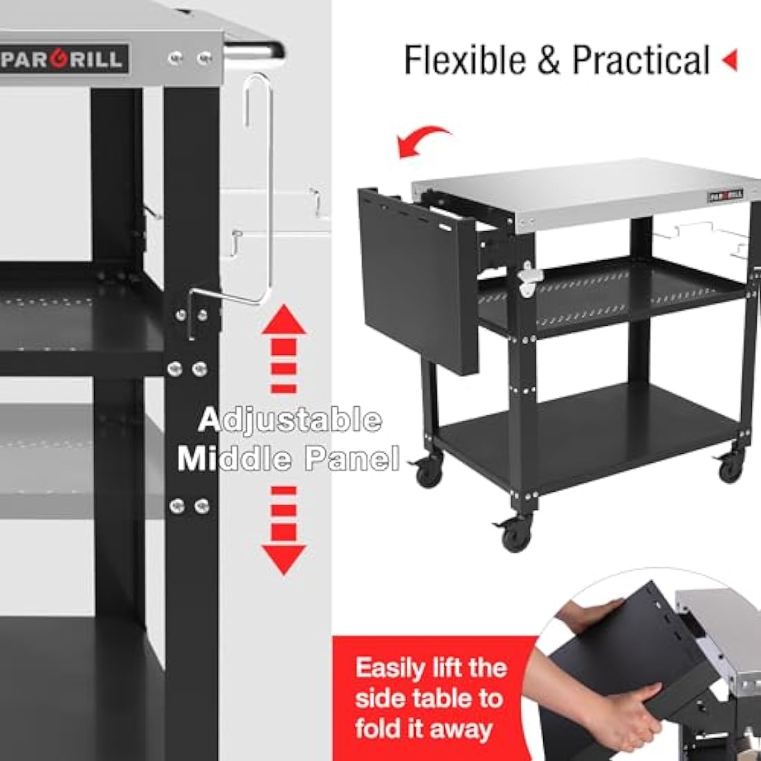 PARGRILL Outdoor Grill Dining Cart, 3-Tier BBQ Table, Movable Food Prep Table with Foldable Tabletop, Stainless Steel Pizza Oven Table with 4 Swivel Wheels, Multifunctional Grilling Table