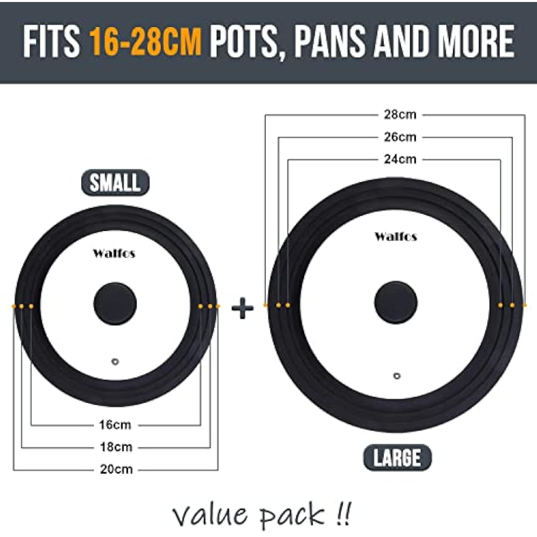 Universal Lid for Pots, Pans and Skillets - Tempered Glass with Heat Resistant Silicone Rim and Fits 16/18/20cm and 24/26/28cm Diameter Cookware（2Pcs）