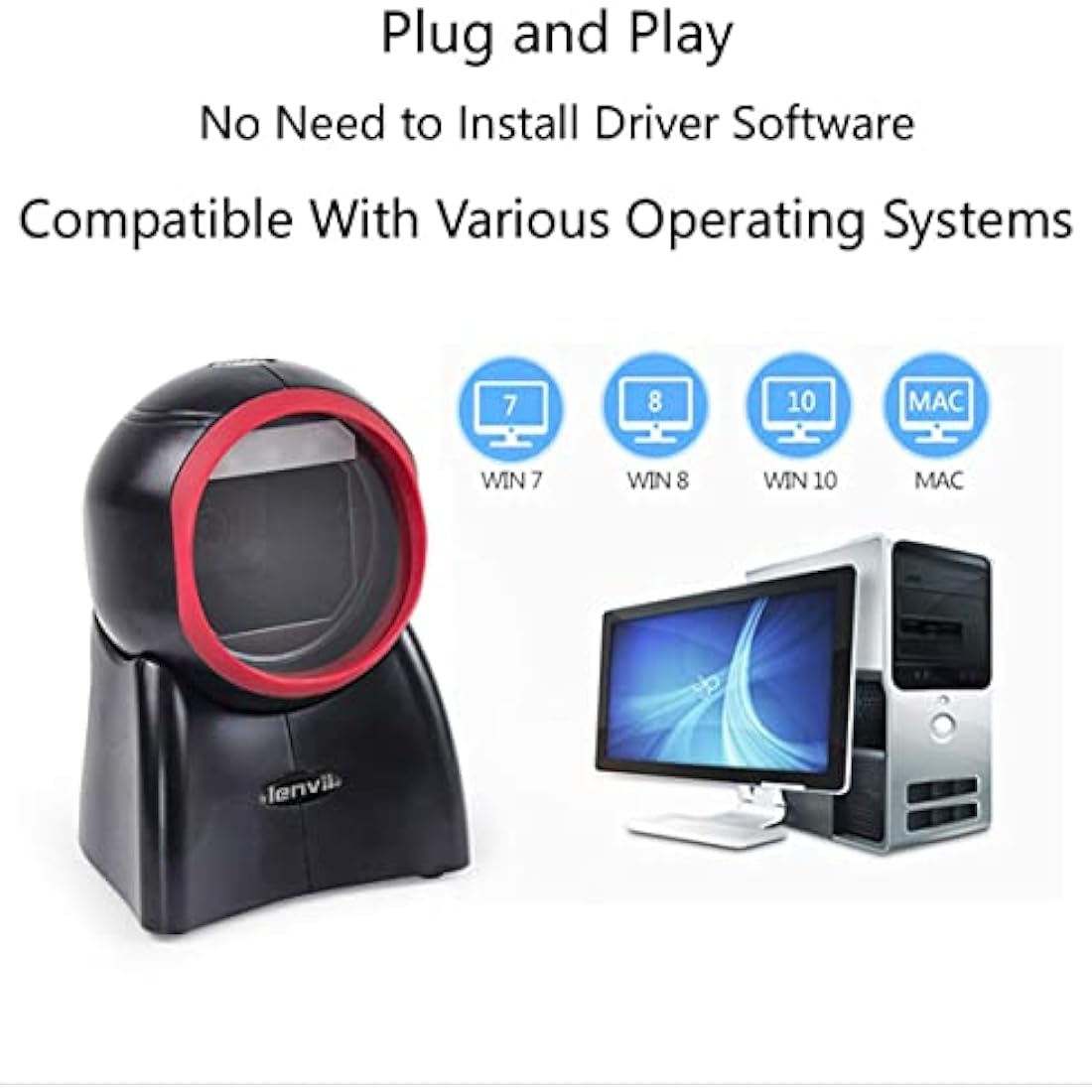 LENVII Desktop Barcode Scanner 2D Handsfree Barcode Reader QR Code Scanner Automatic Bar Code Scanners use for Warehouse, Supermarket, Retail Store, Bookstore POS System