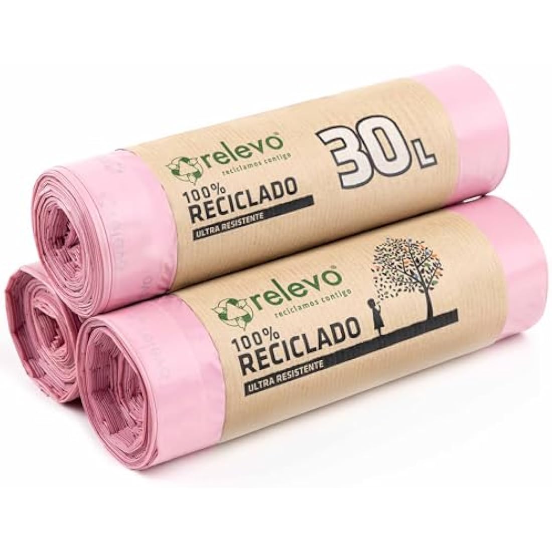 Relevo 30 Litre Scented Bin Liners – Pink Bin Bags. Made from 100% Recycled Material. Dimensions: 55 cm x 60 cm. Includes 45 units.