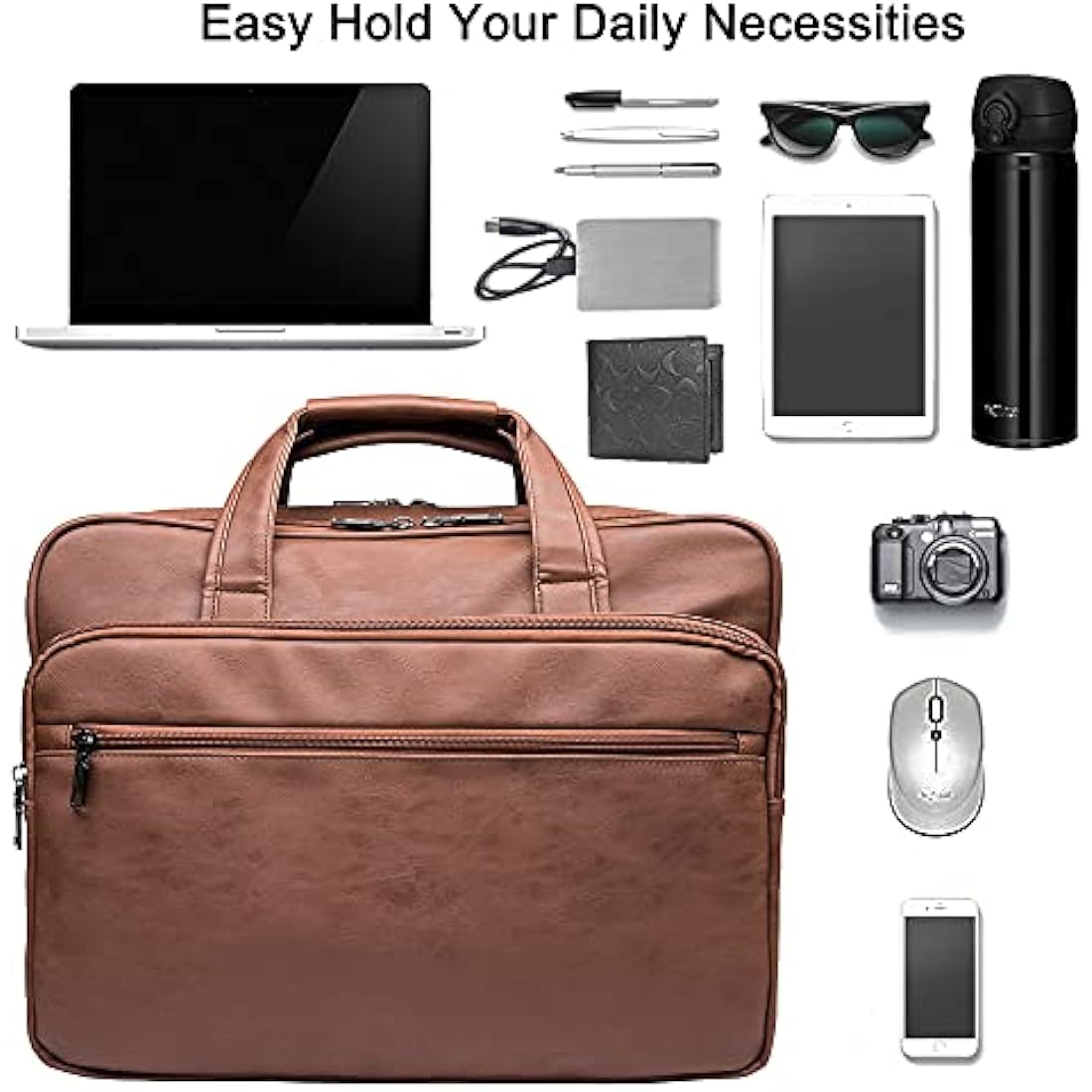 seyfocnia Leather Laptop Bag, Men's 15.6 Inches Messenger Briefcase Business Satchel Computer Handbag Shoulder Bag Fits 15.6 Inch Laptop Computer (Brown)