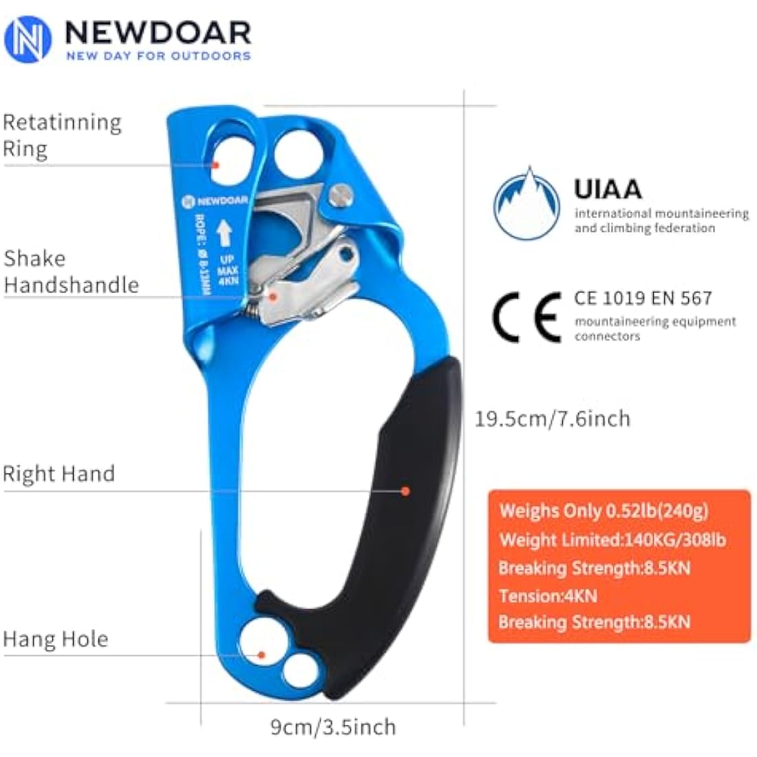 NewDoar UIAA & CE Certified Hand Ascender Rock Climbing Tree Arborist Rappelling Gear Equipment Rope Clamp for 8~13MM Rope