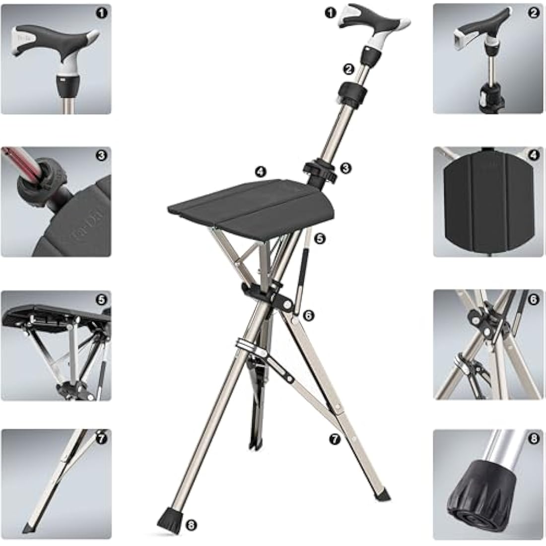 Ta-Da Chair PRO - Walking Stick with Seat, Ultra-Light Aluminium Frame & Sturdy Foldable Stool (up to 120kg), Collapsable Folding Design, Ideal for Travel & Sightseeing - Black, Adjustable