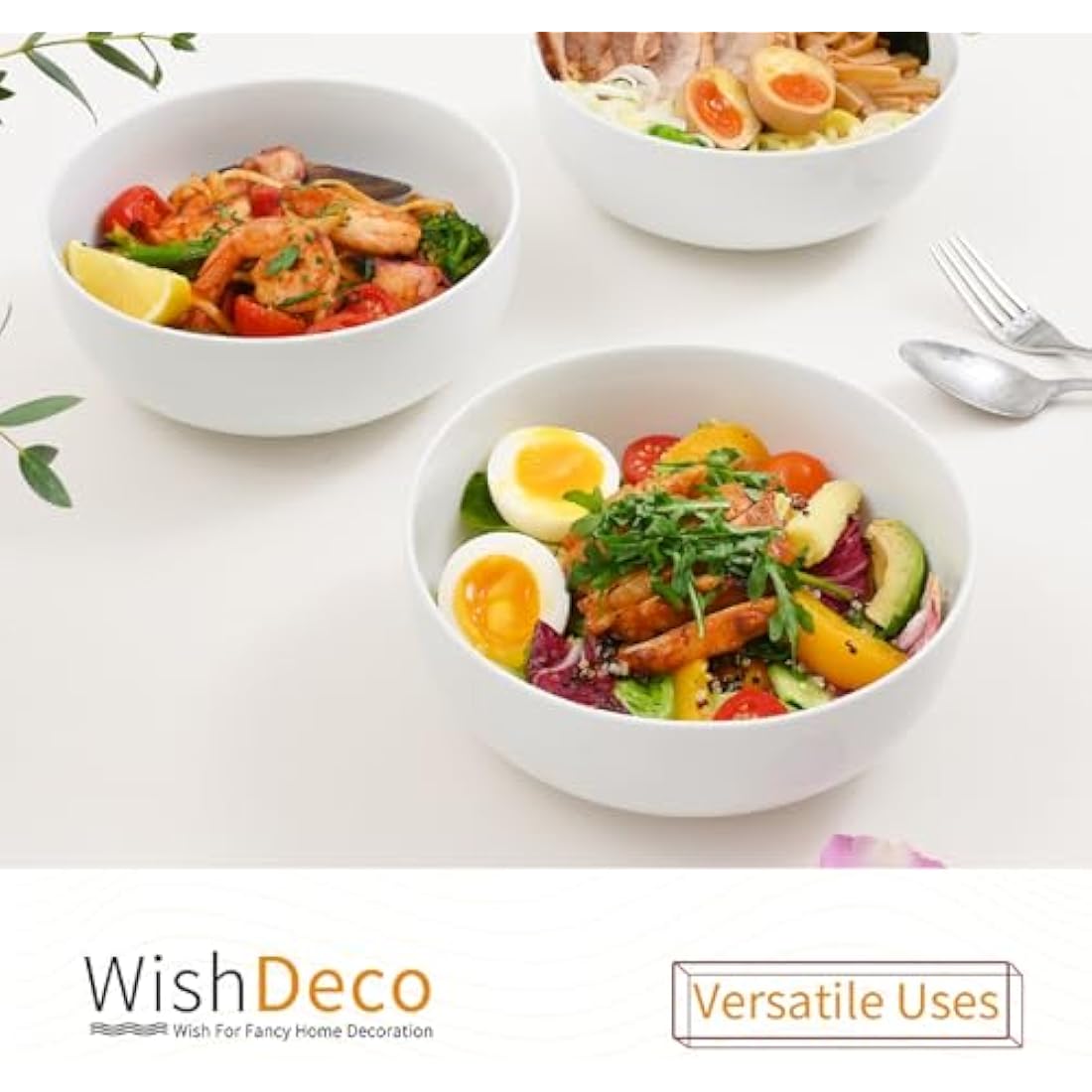 WishDeco Large Soup Bowls Set of 3, Ceramic Salad Bowls 1100ml, White Pasta Bowl, Serving Bowl for Noodle Ramen, Fruit, Dessert, Cereal