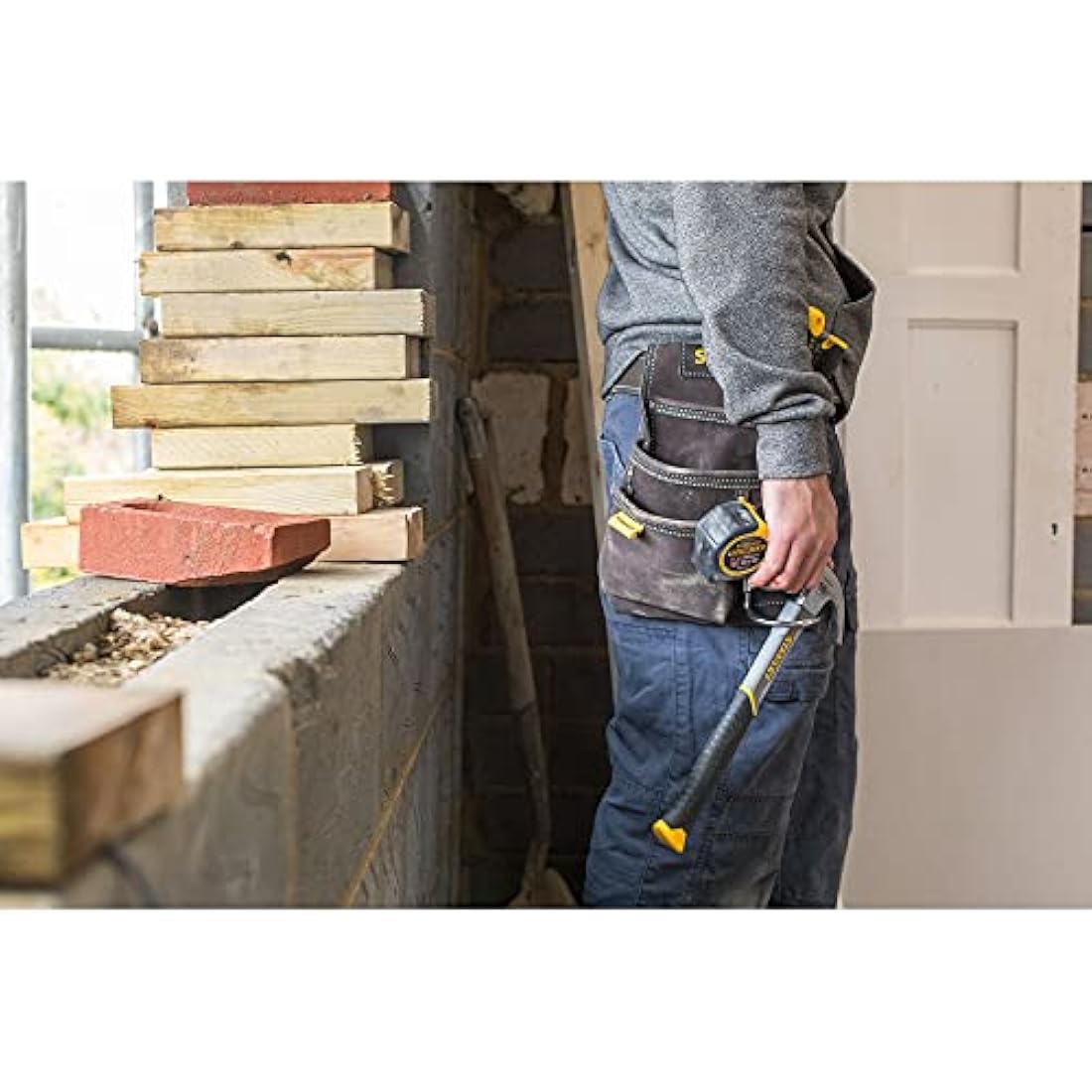 STANLEY Leather Tool Pouch, Double Pocket Storage Organiser, Hammer Loop, STST1-80114 Dark Brown One Size
