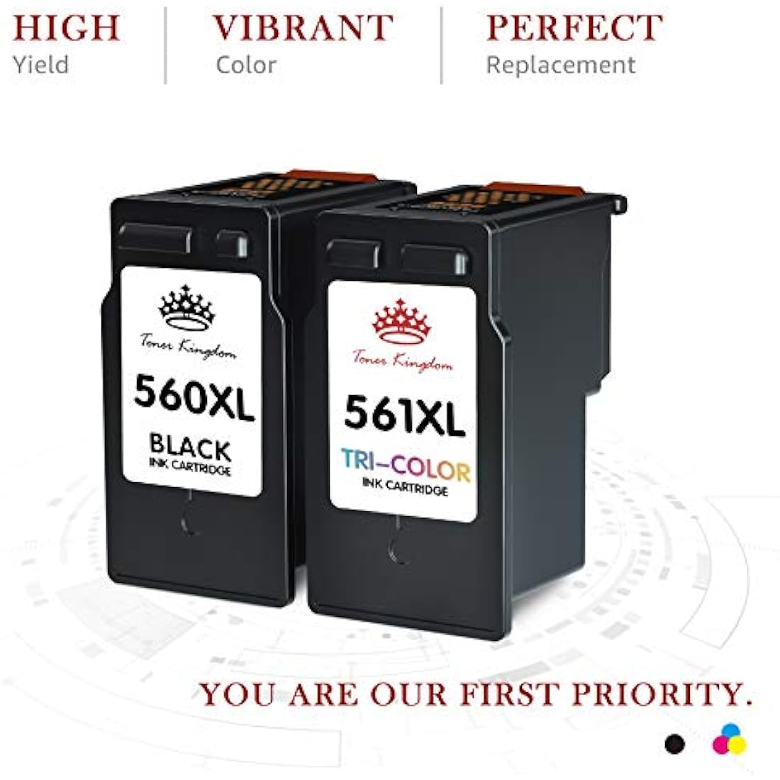 Toner Kingdom 560 561 XL Ink Cartridges Replacement for Canon 560 561 Ink Cartridges PG-560XL CL-561XL for Canon Pixma TS5350 TS7450 TS5351 TS7451 TS5352 TS5353 ink cartridges (1 Black, 1 Tri-Colour)