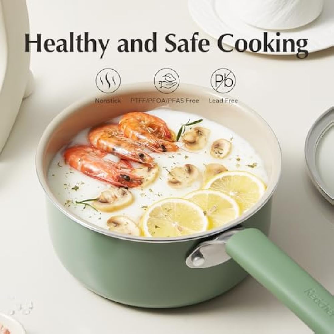 Redchef Ceramic Nonstick Saucepan with Lid,20cm Small Cooking Pot,Non Toxic Sauce Pans for Kitchen, Cool Handle PFAS Free Compatible with All Cooktops, Green