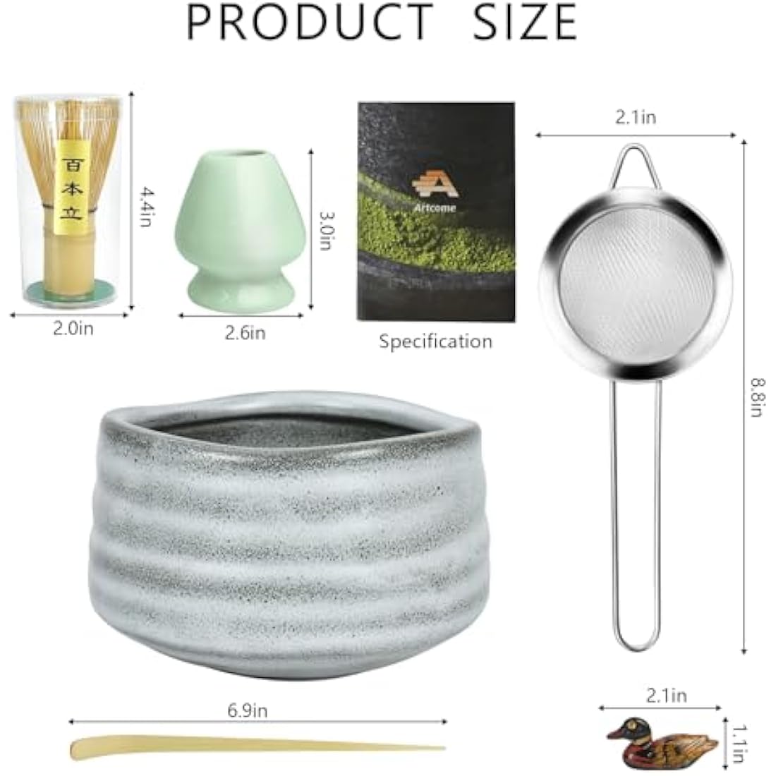 Artcome Matcha Ceremony Kit for Japanese Tea Ceremony, Traditional Matcha Bowl, Whisk, Tea Scoop, Matcha Powder Strainer, Matcha Tea Set for Making Usucha, Koicha and Matcha Latte (Gray)