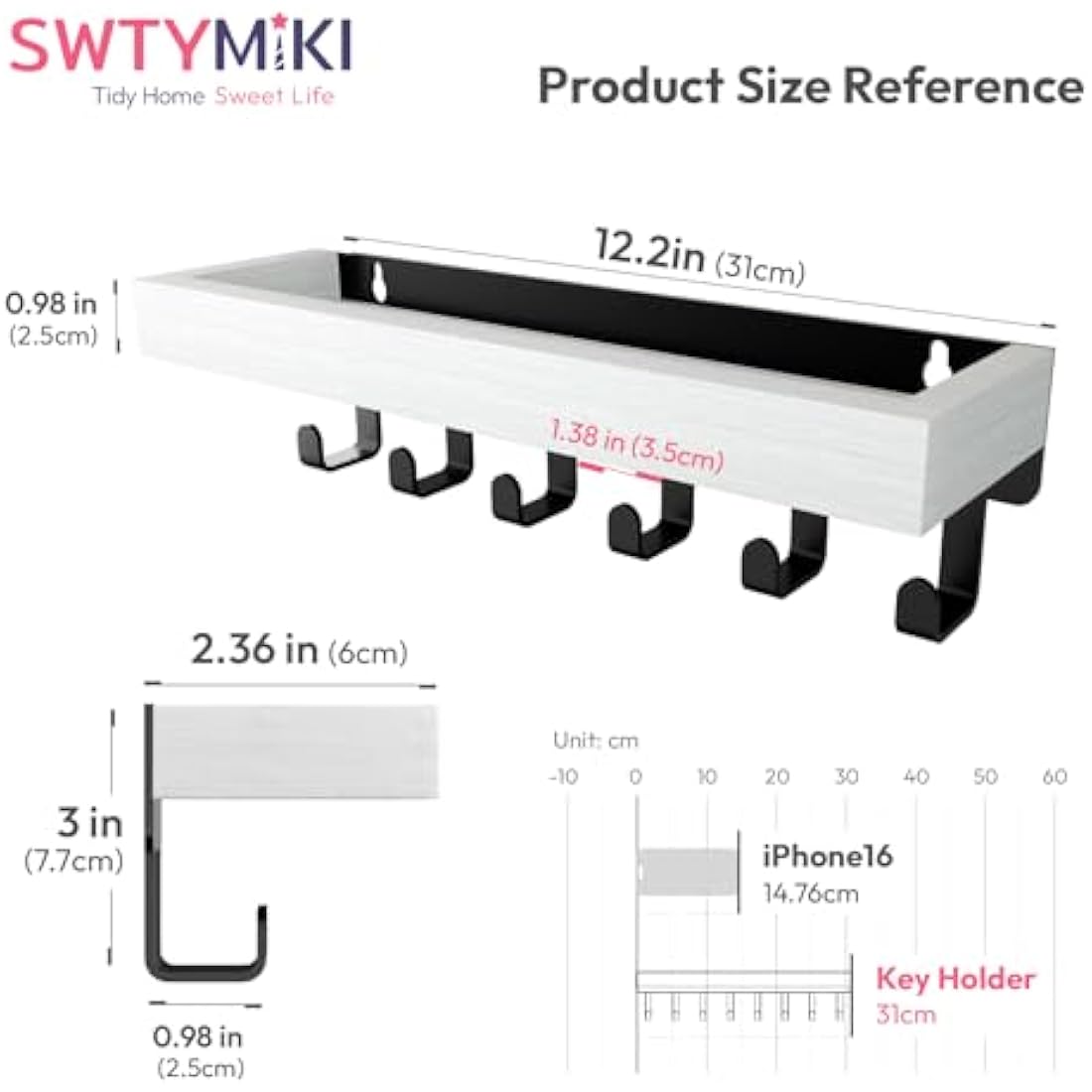 SWTYMIKI Key Holder with Wood Tray and 6 Hooks, Wall Mounted Key Racks, Key Hangers Home Decor Key Rack Mail Organizer for Hallway, Entryway, Bedroom, Mudroom, Office