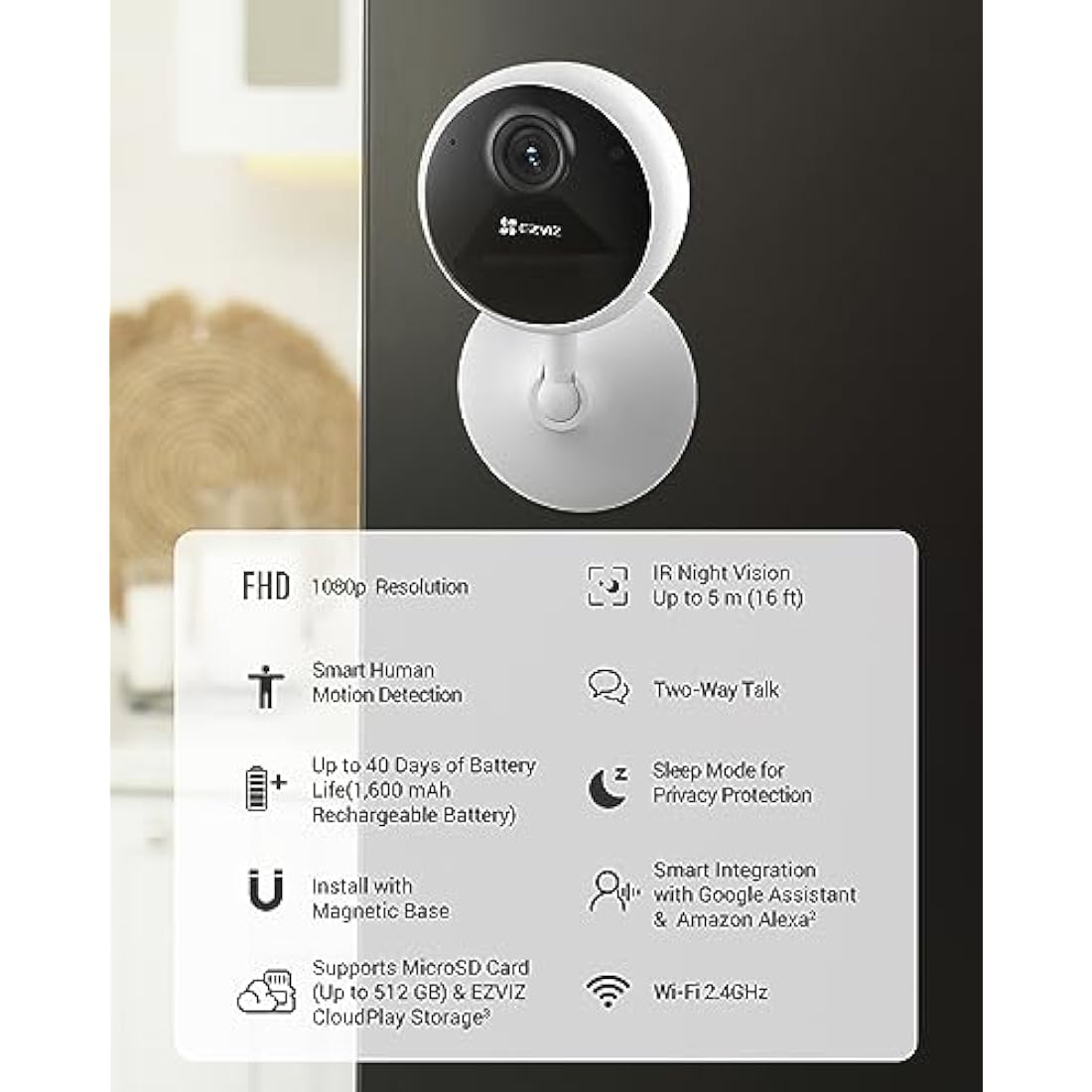 EZVIZ Battery Camera Indoor Wireless, 512GB Storage No Subscription, Alexa Google Compatible, No Plug-in, App Control, Security Camera, 1080P, Motion & Human Detection, Night Vision, Two Way Audio-CB1