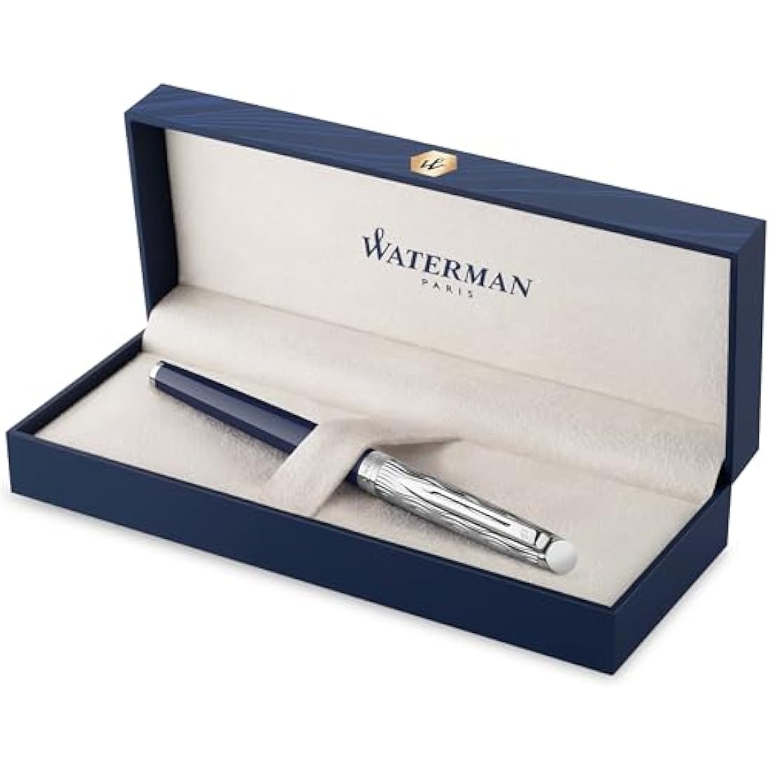 Waterman Hémisphère Fountain Pen | Metal & Blue Lacquer | Chiselled Cap | Stainless Steel Medium Nib | Blue Ink | Gift Box