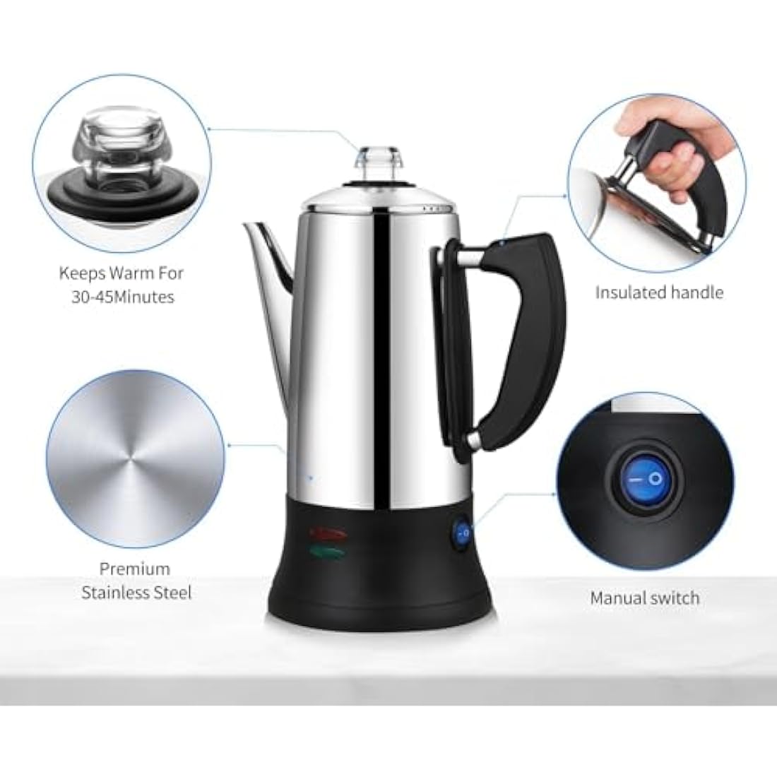 KFO 12-Cup (1.2L) Electric Coffee Percolator - CE Certified Percolator Coffee Maker with 360° Rotating Base & Anti-Slip Design | Heat-Resistant Glass Lid & Cordless Server for Home/Office Use