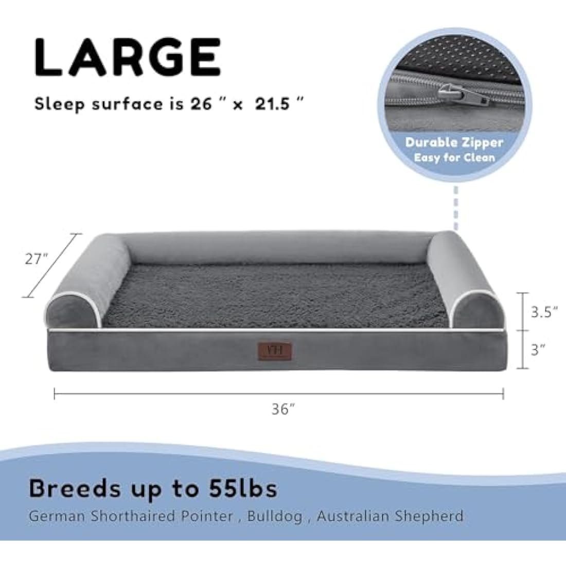WESTERN HOME Dog Beds Large Washable,Soft Orthopedic Dog Beds with Removable Washable Cover with U-Shape Bolster Dark Grey,91 x 68 x 16.5 cm