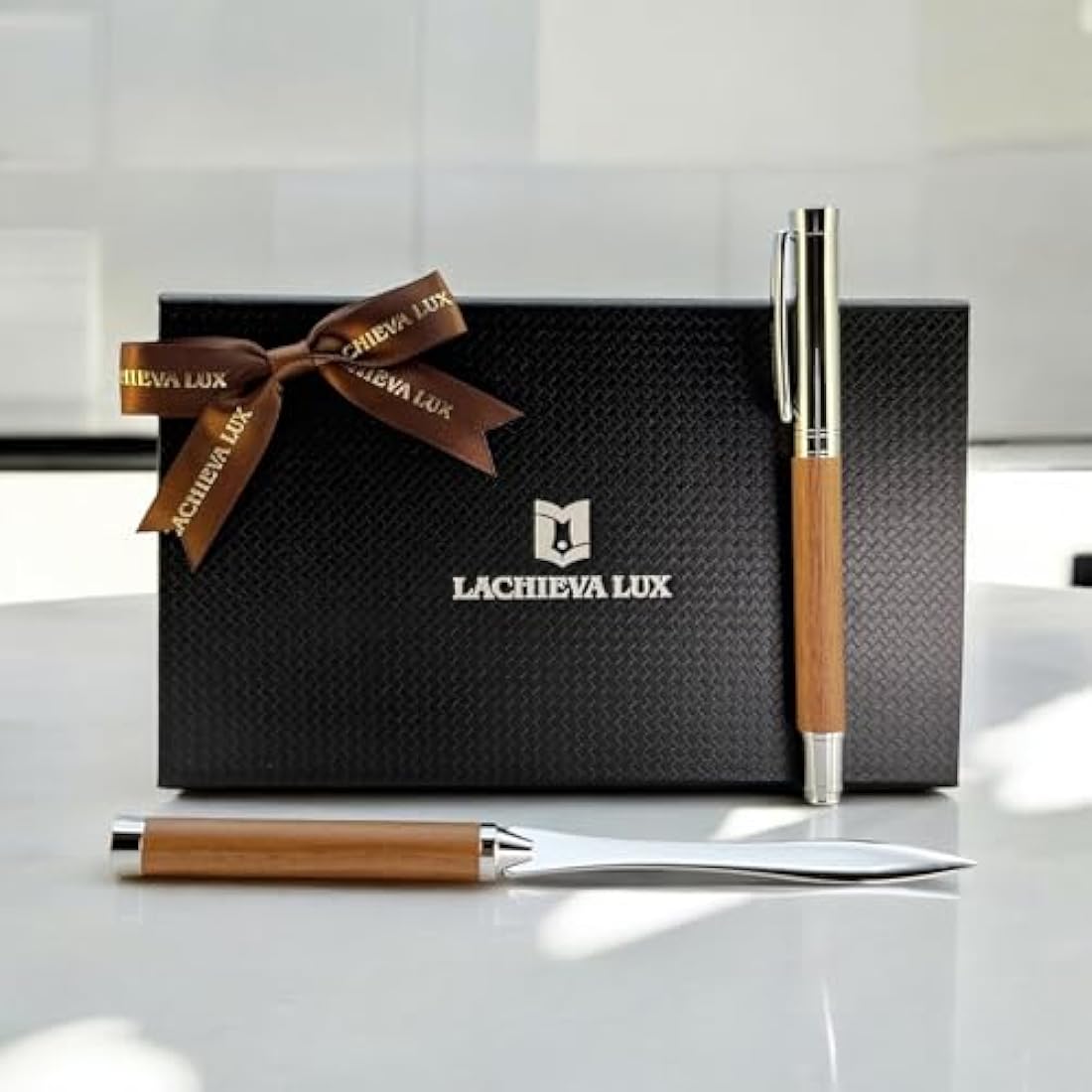 LACHIEVA LUX Walnut Rollerball Pen and Letter Opener Gift Set, Solid Wood with Rich Grain, Gift for Men and Women, TimberDuo Series