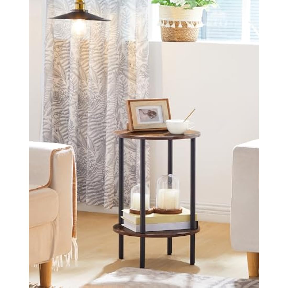 CHOEZON Round Side Table, 2-Tier End Table, Small Round Nightstand with Sturdy Metal Tube, Industrial Coffee Table, for Living Room, Bedroom, Rustic Brown and Black DTBZ01BF