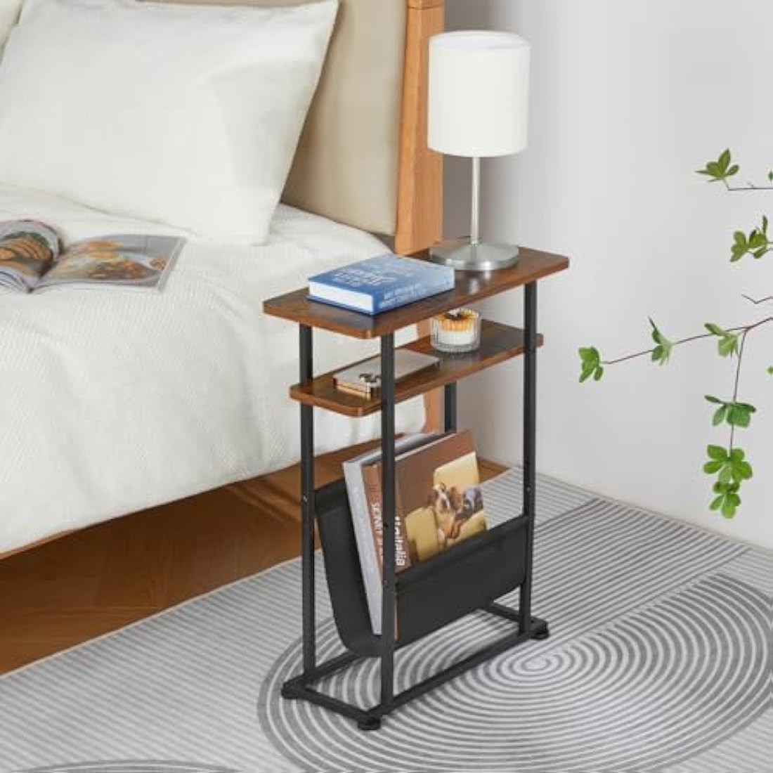 ZEXVIDA Slim Side Table for Small Spaces - 2 in 1 End Table with Magazine Holder - Rustic Brown