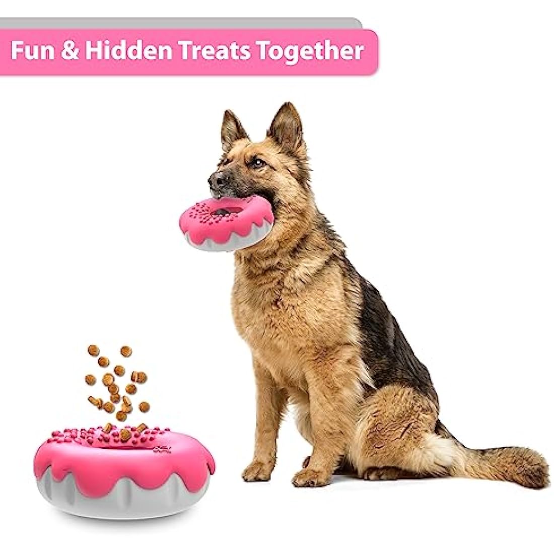 PetBuds Indestructible Dog Toys - Interactive 2 in 1 Treat and Chew Toy for Boredom - Doughnut Shape (Shocking Pink)
