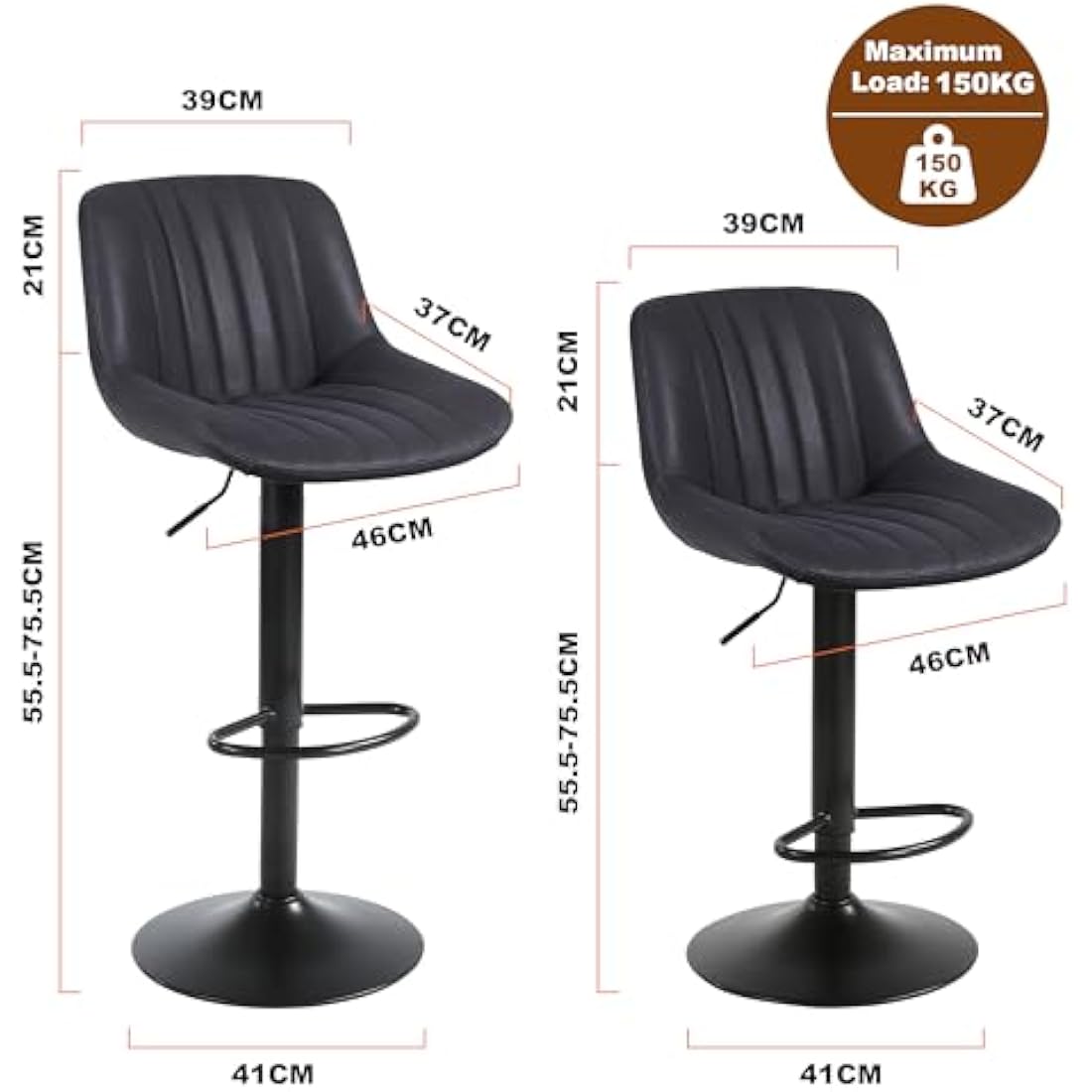 Youhauchair Bar Stools Set of 2, Swivel Counter Height Barstools with Back, Adjustable PU Leather Bar Chairs, Modern Armless Kitchen Island Stool, Black