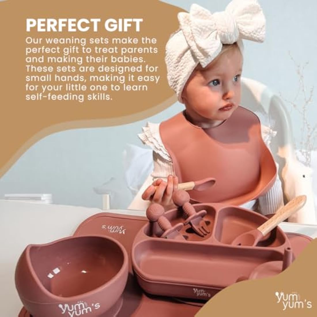 Yum Yum's Baby 10 Pcs Pink Weaning Set - Complete Toddler Feeding Kit w/Sectioned Plate, Suction Bowls, Cutlery with Mouth Guard, Straw Cup, Bib & Mat - Non-Slip - for Toddlers & Baby Gift