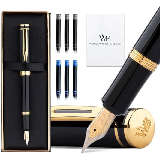 Wordsworth and Black Fountain Pen Mini EDC: Luxury Black Heavy Pocket Pen, Gold Finish, Medium Nib, 6 Ink Cartridges, Ink Converter, Travel Refillable Writing Pen Gift Set, Men & Women