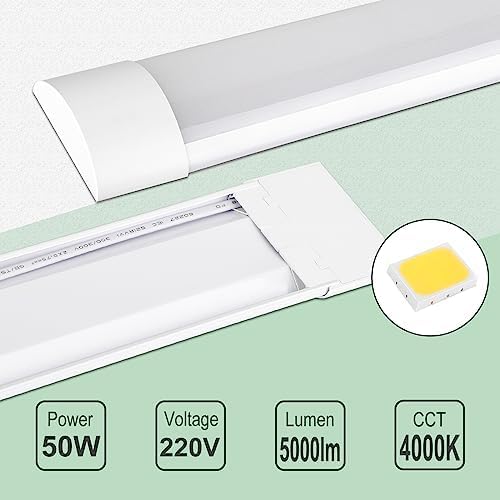 muzha 4 Packs LED Batten Lights，PC Body， 5FT 50W 4000k 5000lm,Low Profile Wall or Ceiling Surface Mounted Fitting for Home/Workshop/Office/School Restaurant (5FT)