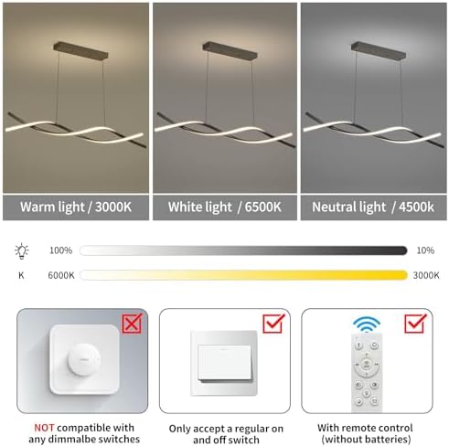 Mikeru 100CM Wave Pendant Light, Black Modern Chandelier Breakfast Bar Island Lighting 3000K/4500K/6000K 3 Color 10% to 100% Fully Dimmable Lamp for Dining Room, Kitchen