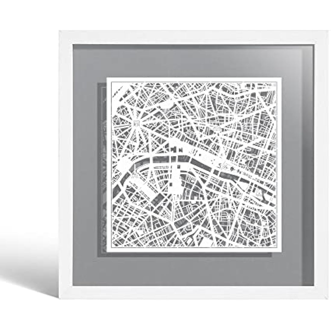 O3 DESIGN STUDIO Paris Paper Cut Map framed, White map, White frame, 9x9 inches, Gift Boxed, 4 background color, self-changing, Paper Art