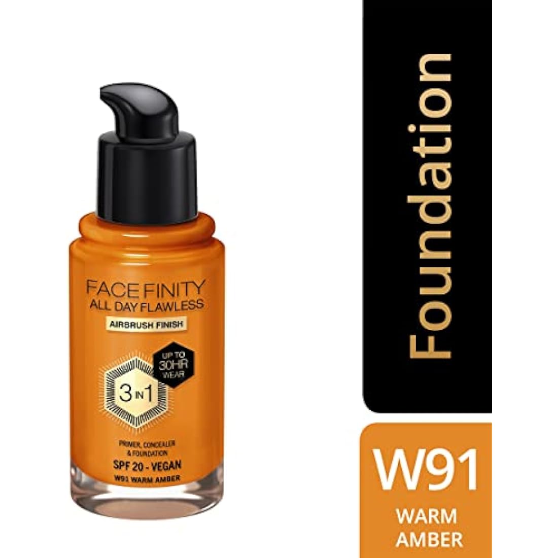 Max Factor Facefinity 3-in-1 All Day Flawless Liquid Foundation, SPF 20 - 91 Warm Amber, 30 ml