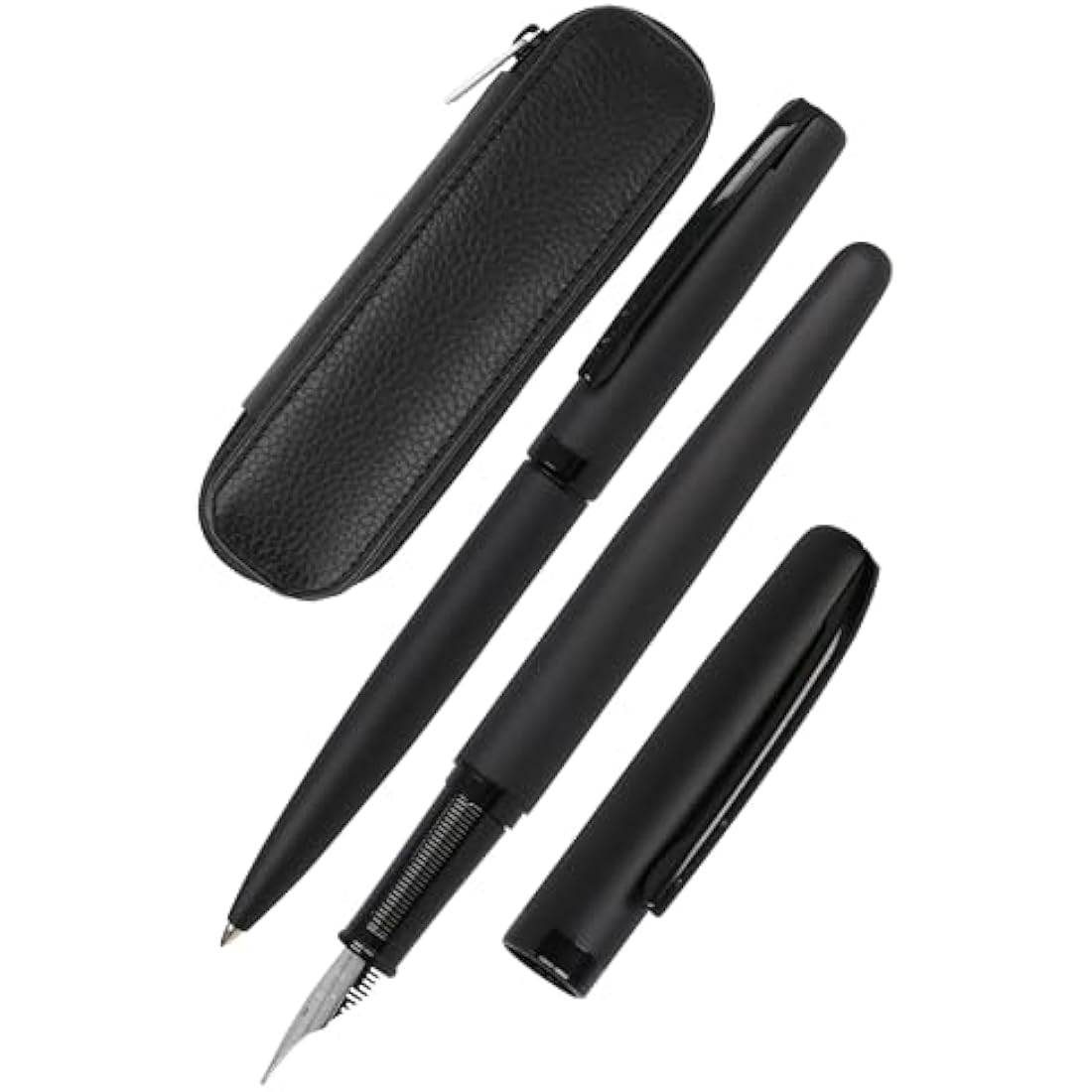 Online Set Eleganza Fountain Pen & Ballpen & Leather Case I Colour: Black I Nib Size M I Metal Clip I Retractable Biro I Fountain-Pen for Standard Ink Cartridges Or Converter I In Gift Box