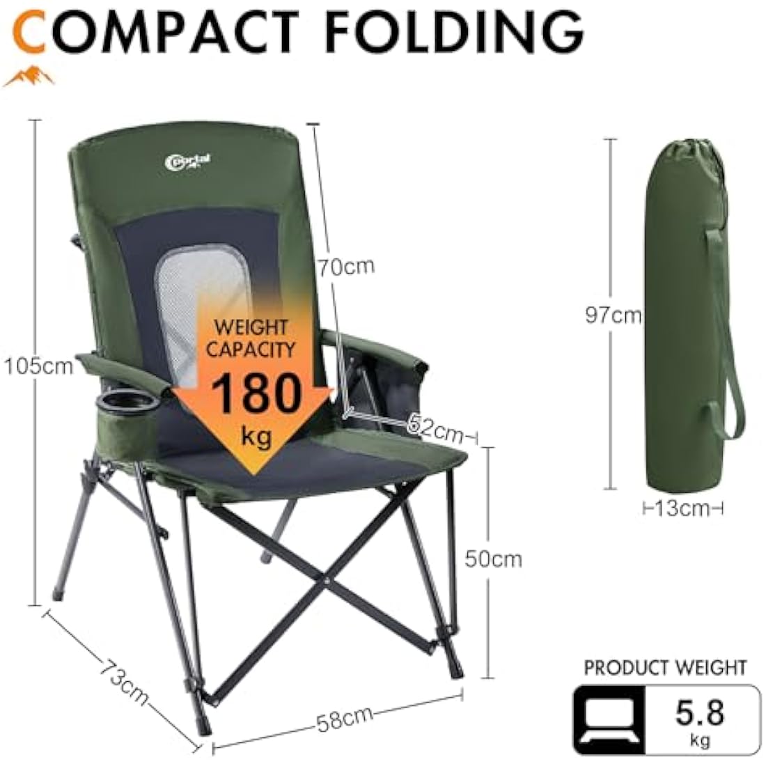 Portal Folding Camping Chair for Adults High Back Heavy Duty 180KG Load Foldable Garden Picnic Festival Collapsible Chair Oversized Hard Armrests Mesh Back Portable for Fishing Beach Patio
