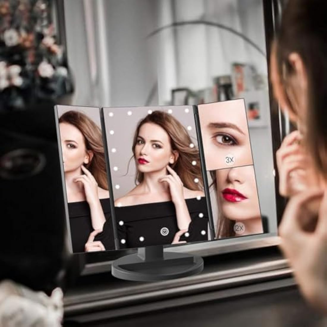 WEILY Lighted Makeup Mirror with 21 LED Lights, Dual Power Supply 2X/3X Magnifying LED, Adjustable Brightness and Angle (Black)