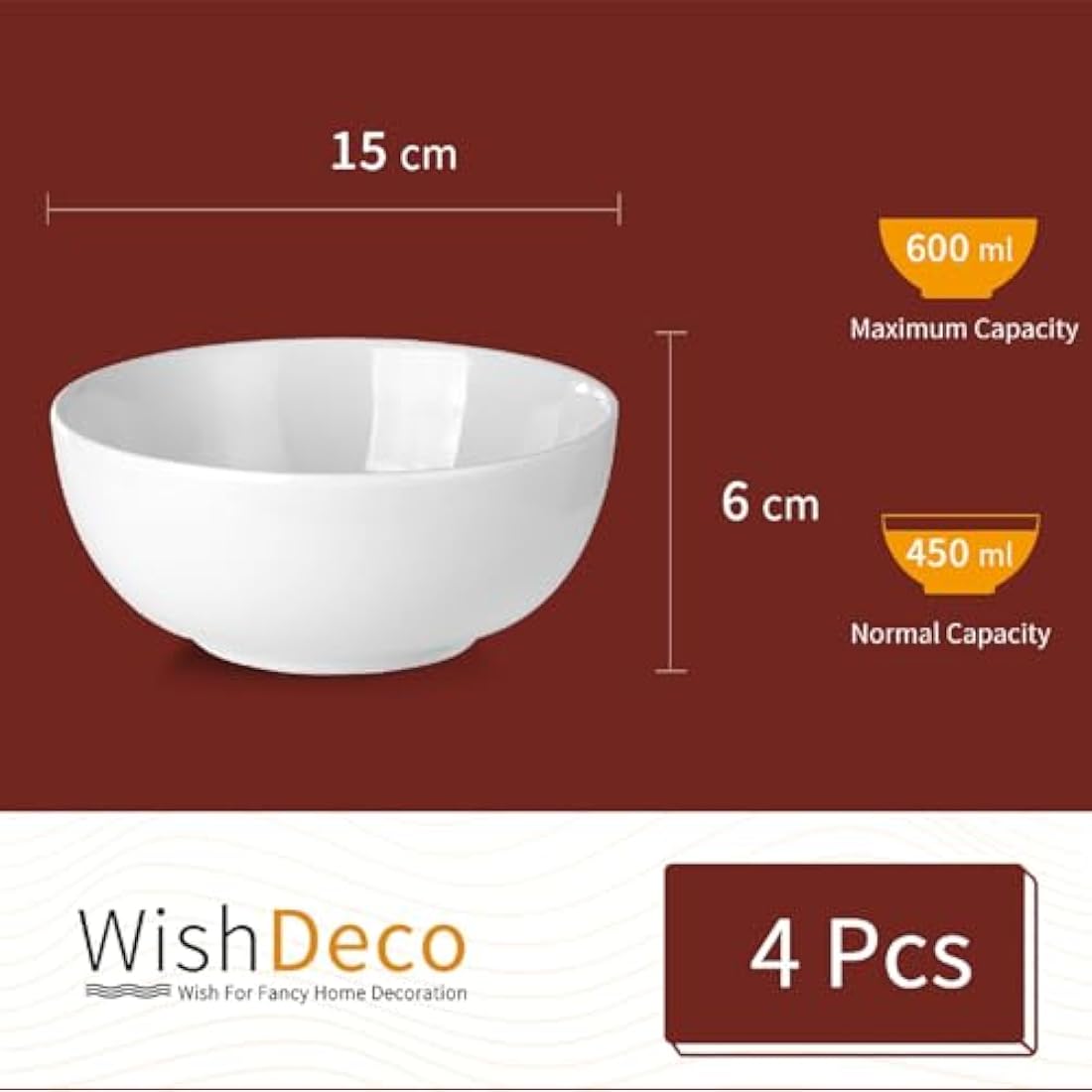 WishDeco Cereal Bowls Set of 4, Soup Bowls, 600ml Breakfast Bowl, Ceramic White Bowl for Dessert, Pasta, Noodle, Salad, Fruit, Microwave & Dishwasher Safe