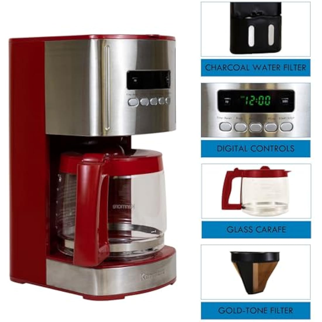 Kenmore 12-Cup Drip Coffee Maker Machine, 1.8L Programmable Filter Coffee Machine with Timer, Fast Brewing Technology, Reusable Filter, Glass Carafe, Digital Display, Charcoal Water Filter, Red