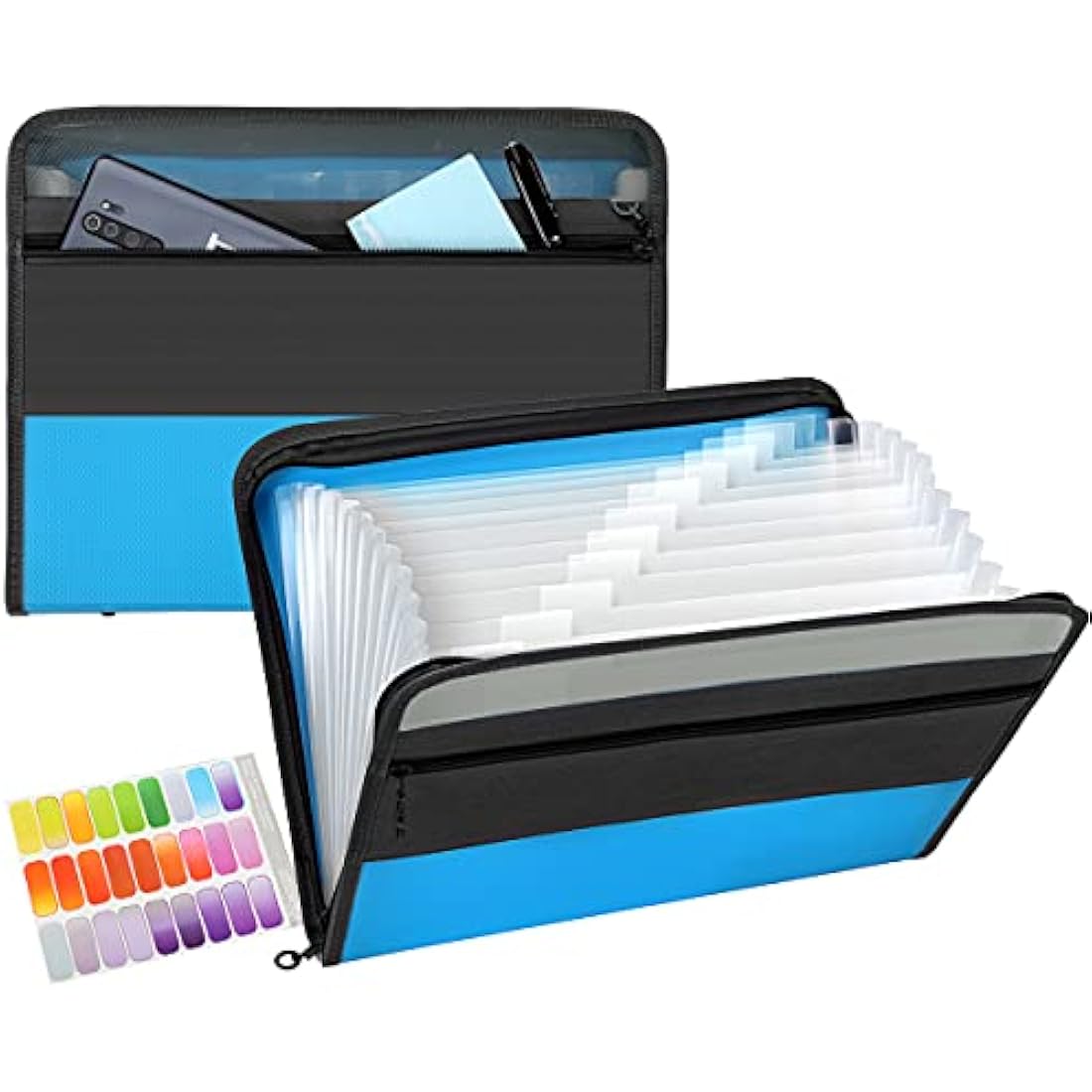 TRANBO 13 Pockets Expanding File Folder with Zipper Closure, A4 Plastic Document Wallet Organizer with Handy Front Pocket for Personal Office Stationary Storage