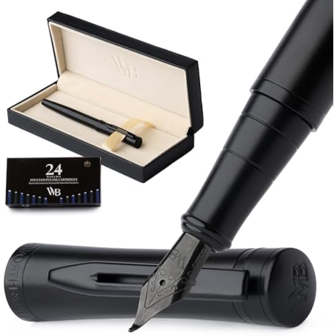 Wordsworth & Black Fountain Pen Set, Bent Nib, Includes 24 Pack Ink Cartridges, Ink Refill Converter & Gift Box, Calligraphy, [All Black], Perfect for Men & Women