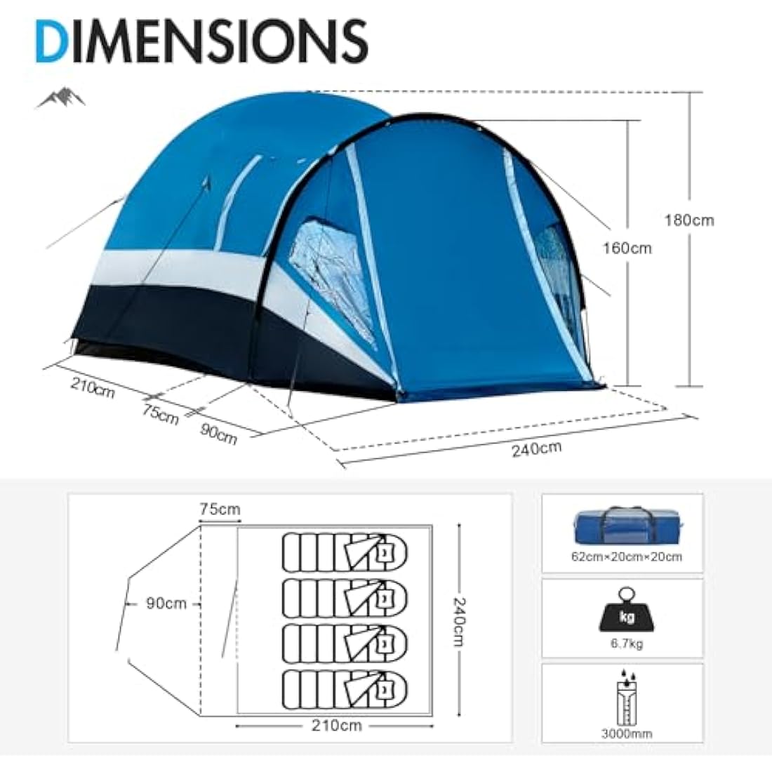 Portal 3-4 Man Tent with Porch 3000mm Waterproof 180cm Tall Standing Height Three-Four Persons Family Camping Tent with Living Area Sewn-in Groundsheet Tub Floor for Festival Bicycle Motorbike