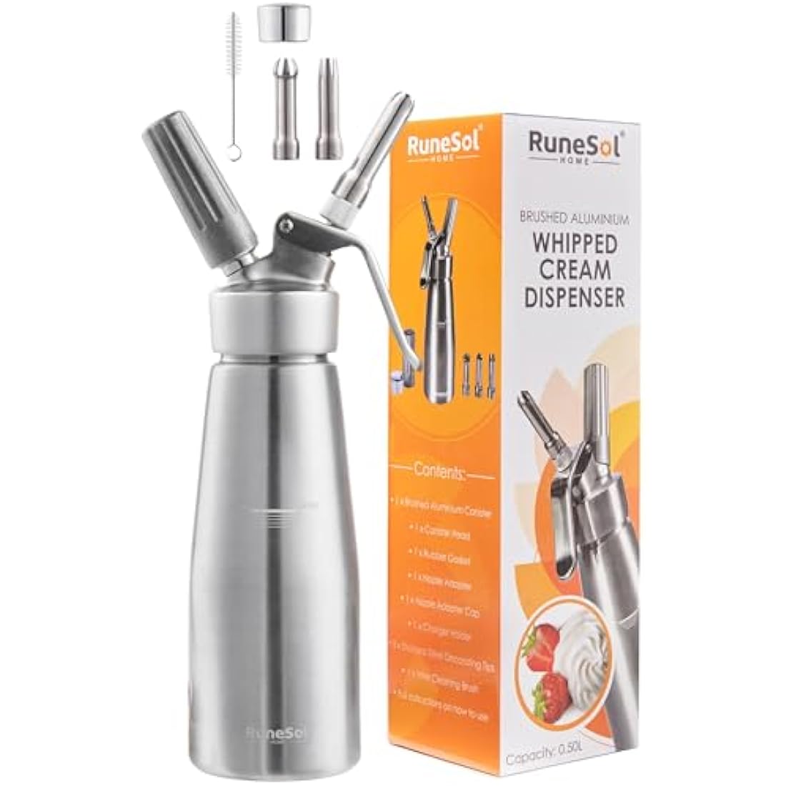 Runesol Professional Aluminium Whipped Cream Dispenser 500ml, Easy Clean Leak Free, 3 Stainless Steel Nozzles, Cream Whippers, Whipping Foam Syphon, Chef Espuma Gun, Whip Cream Desserts, Baking Gift