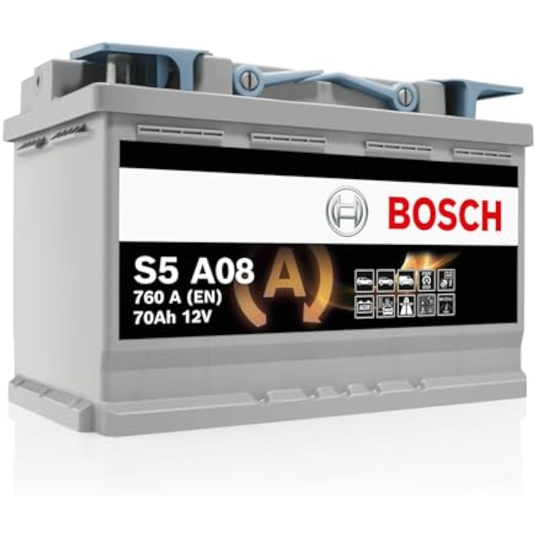 Bosch S5A08 Car Battery 70 A/h - 760 A - 12 V, Type 096, AGM Lead-acid for Vehicles with a Start/Stop System, Left (-) Right (+), 278 x 175 x 190 mm - For Vehicles with Regenerative Braking