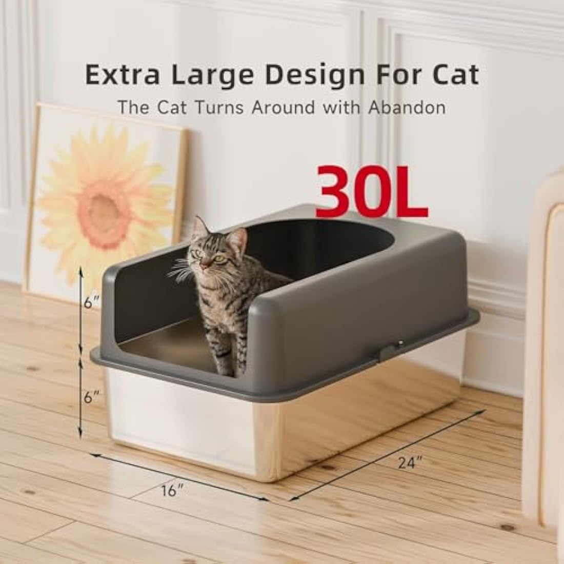 Bsadne High-Sided Stainless Steel Cat Litter Box with Lid - Extra Large, Easy-to-Clean Metal Litter Pan for Cats (24" L x 16" W x 12" H with Enclosure)