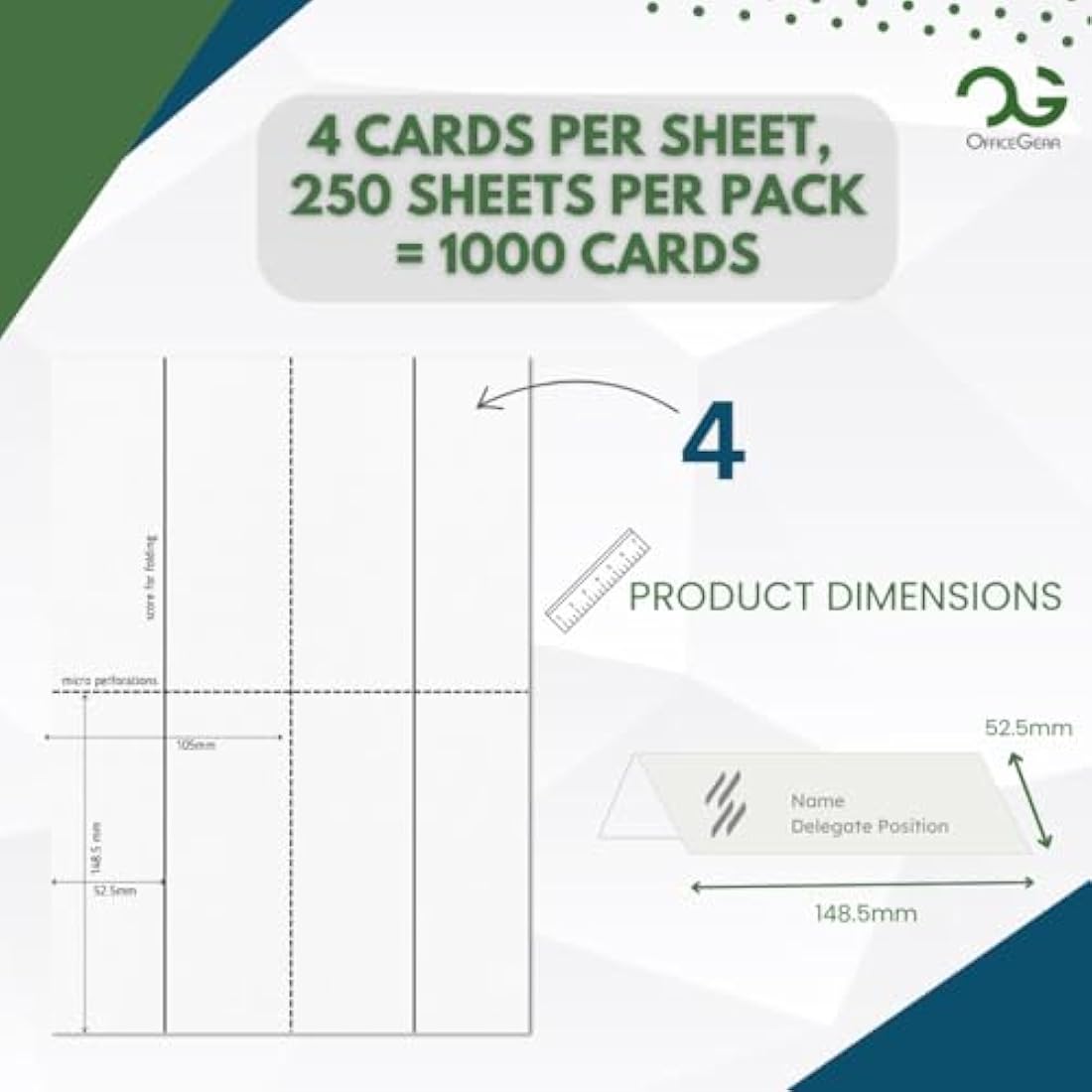 OfficeGear Medium Tent Cards 4-up [250 Sheets - 1000 Cards] 52x148.5mm Printable A4 170gsm Scored Folding Table Top Name Place Cards for Hotels Weddings Conference Events Incl Design Template