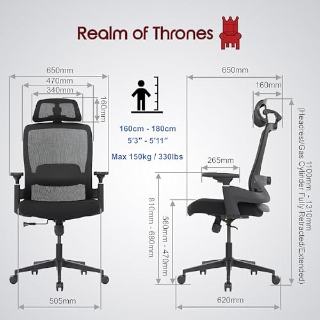 Realm of Thrones VALOUR Ergonomic Office Chair for Home, Gaming Desk Chair, 3D Headrest/High Back Mesh/Comfort Cushion Seat/3D Rotating Armrests/Adjustable Lumbar Support/Heavy Duty Steel Base (Black)