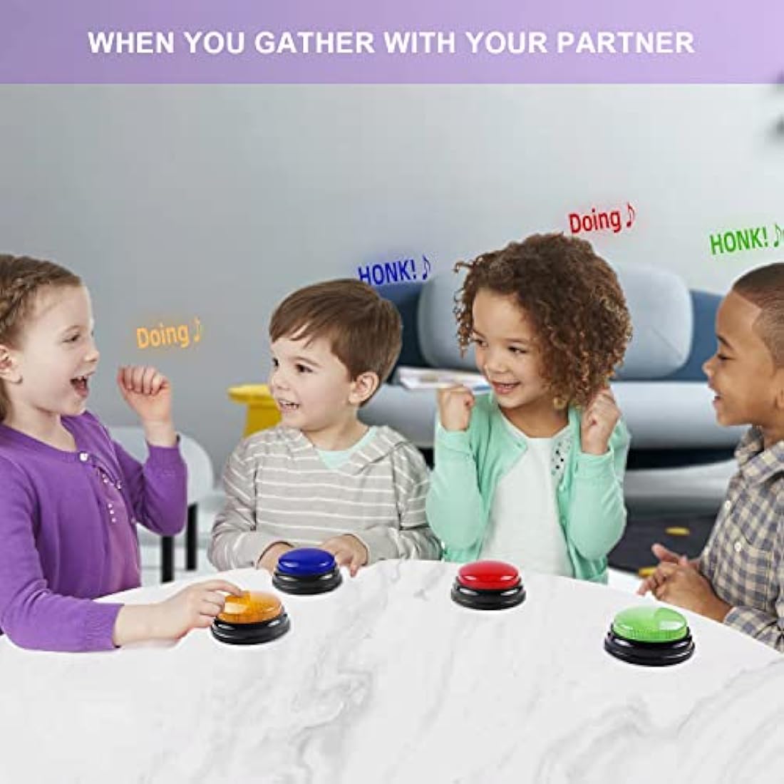BEAN LIEVE Answer Buzzers for Quizzes, Fun Talking Button with 4 Personalized Sounds, Siren, Buzzer, Laser and Charge, Game Show Buzzers For Classroom & Home Game Play, Set of 4, Multicoloured