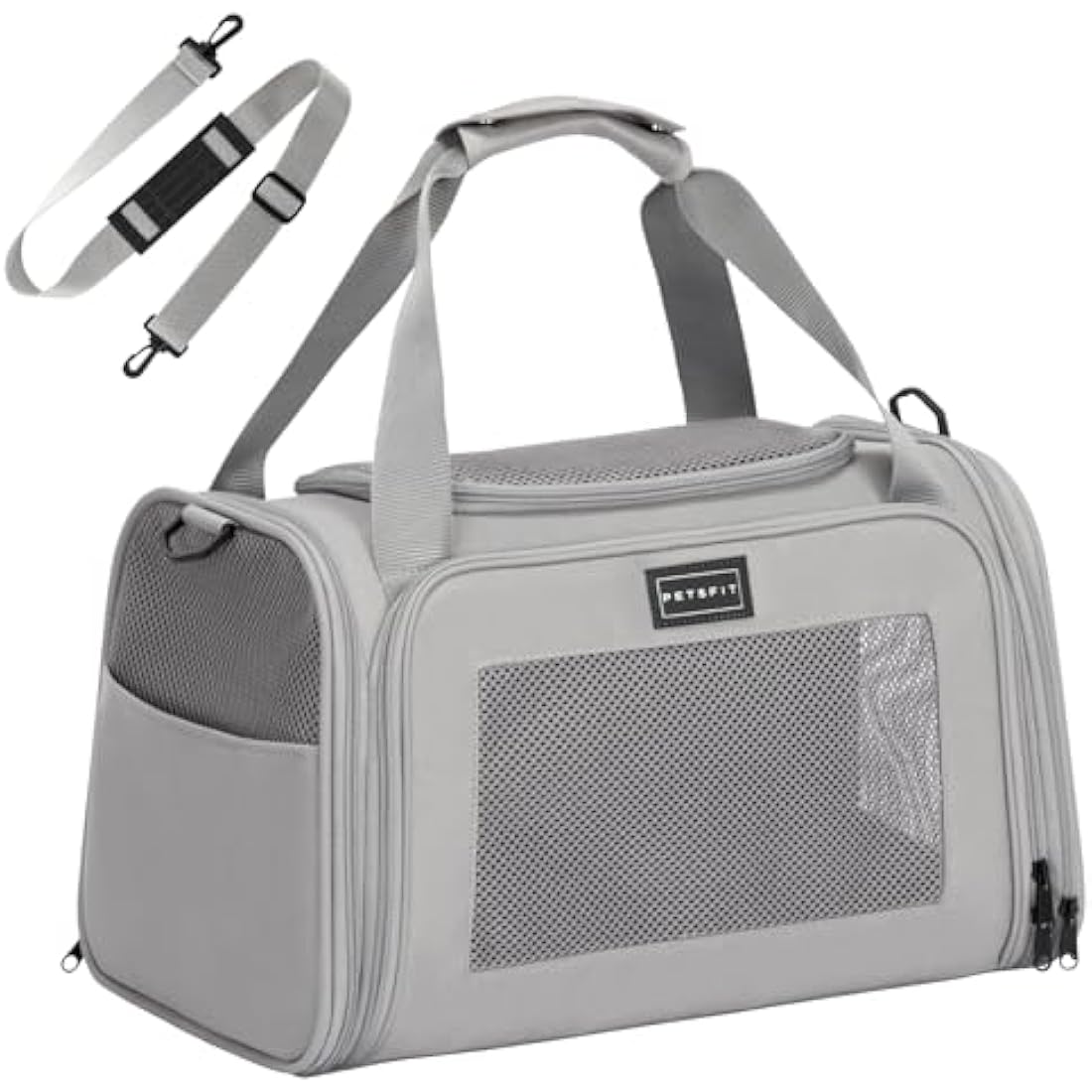 PETSFIT Pet Carrier for Cat with Extendable Fleece Pet Mat, Pet Carrier Airline Approved with Safety Leash for Pets Up to 12 Lbs (44 * 26.5 * 27CM, Grey)