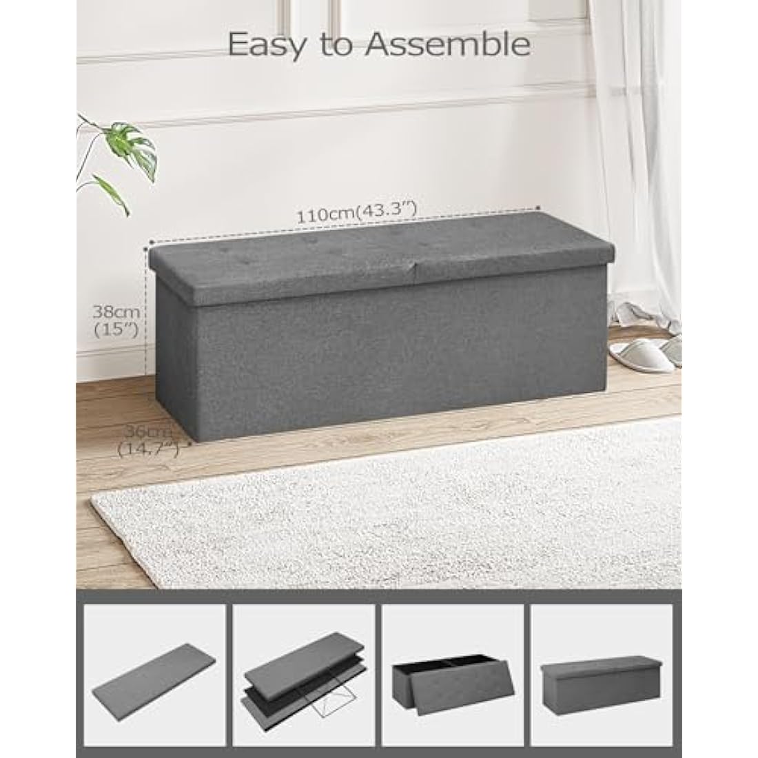 Bonlife Extra Large Folding Ottoman Storage Box,Linen Toy Storage Chest,Window Seat with Storage Trunk,End of Bed Bench,Grey 110x38x38cm