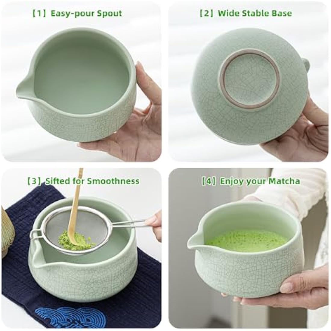 TEANAGOO Matcha Set, 7 Pcs Matcha Whisk Set, Matcha Kit for Ceremony, Matcha Tea Set for Making Breakfast/Latte, Green Matcha Bowl(Chawan) Whith Spout and Whisk, Gift for Matcha Lover