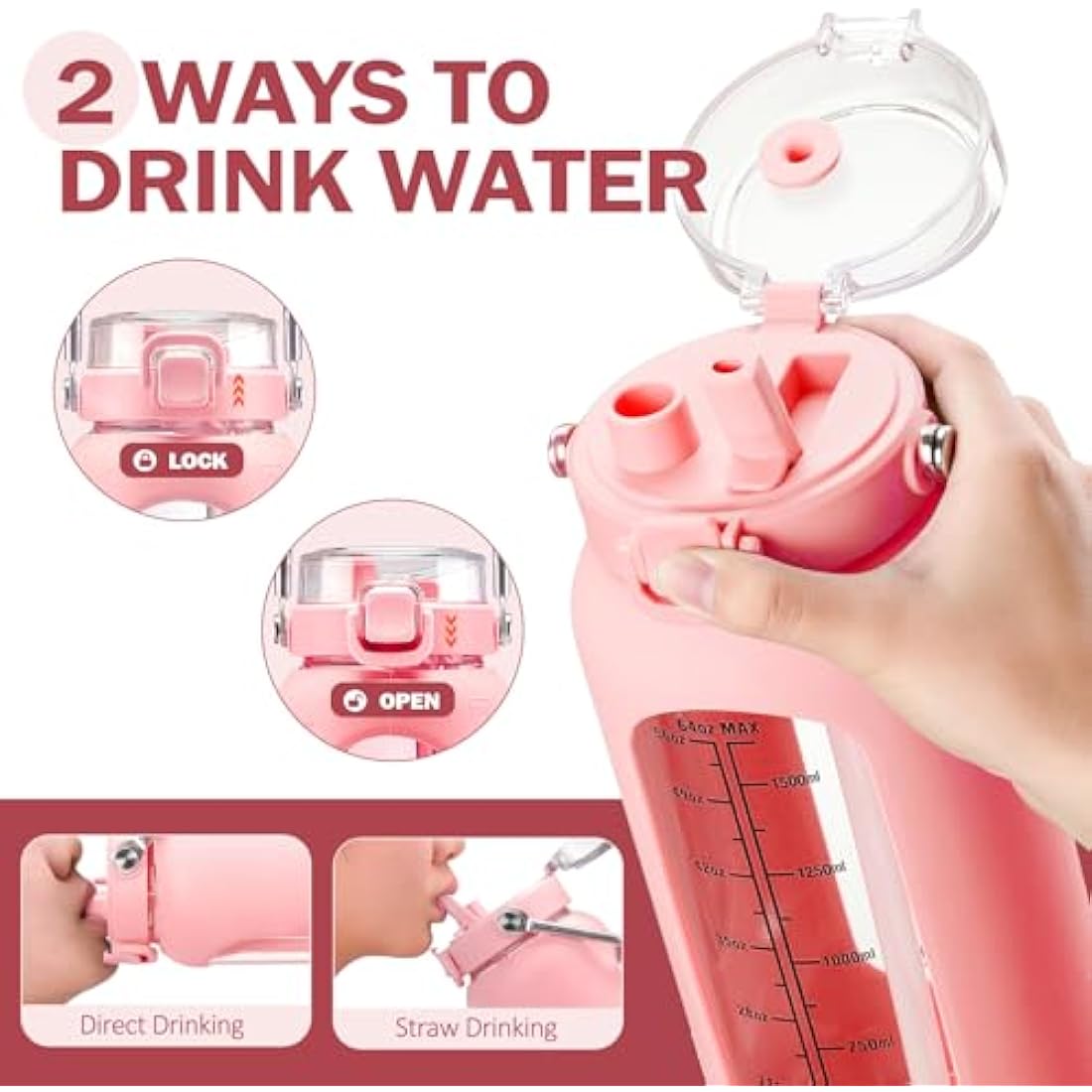 BLUEGO 2000ml Borosilicate Glass Water Bottle with Stainless Handle and Time Marker 2L Drinking Bottle with Silicone Sleeve and Straw for Gym Office Outdoor Sports Water Bottles BPA Free, Pink