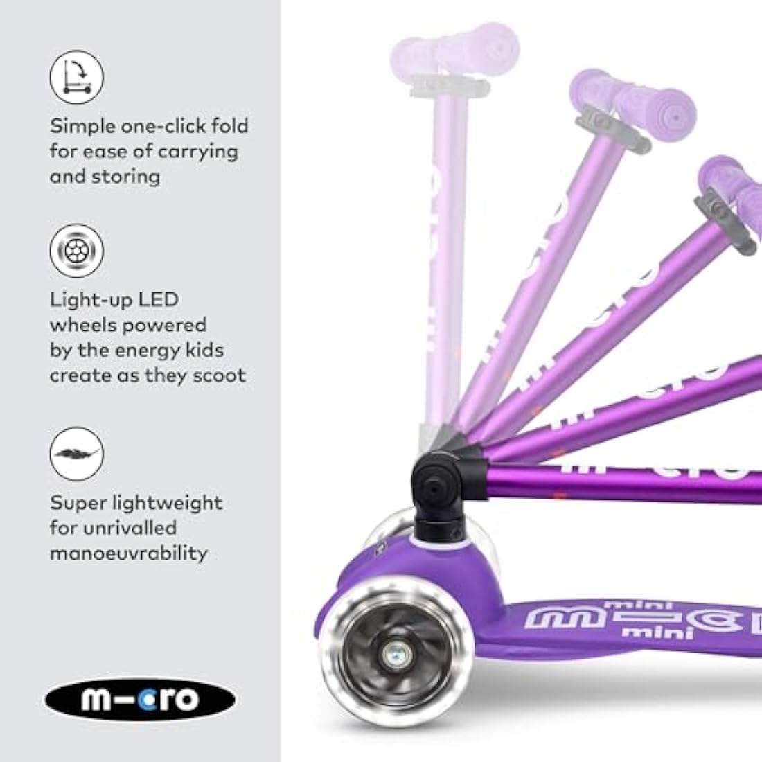 Micro Scooters | Mini Micro Deluxe LED Children's Scooter | Handlebar Adjustable & Foldable | Extra Grippy Deck | Weather Tested Stem | Light Up Wheels | Foldable | 2-5yrs | Boys & Girls