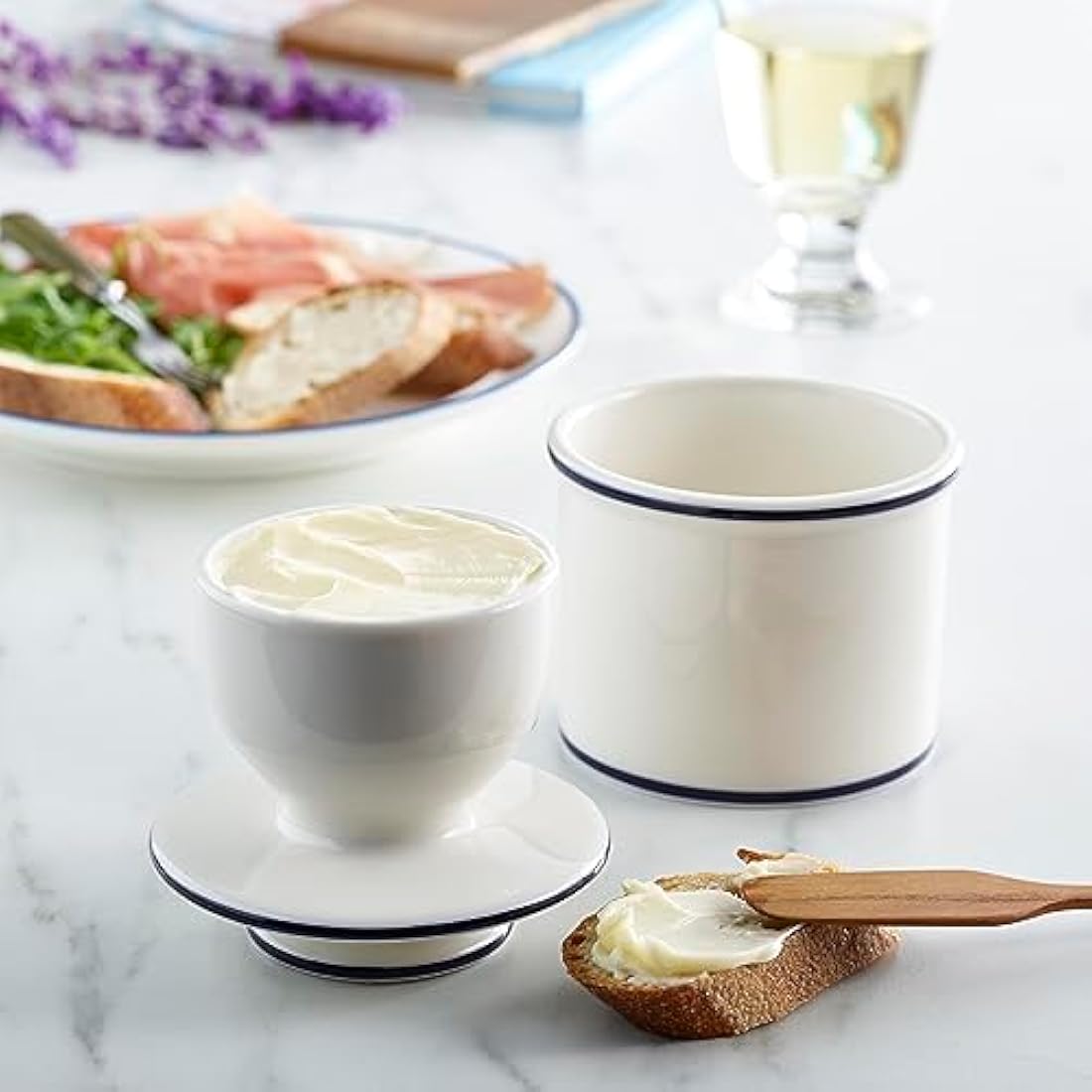 Butter Bell - The Original Butter Bell Crock by L Tremain, a Countertop French Ceramic Butter Dish Keeper for Spreadable Butter, Parisian Bistro Style with Blue Trim